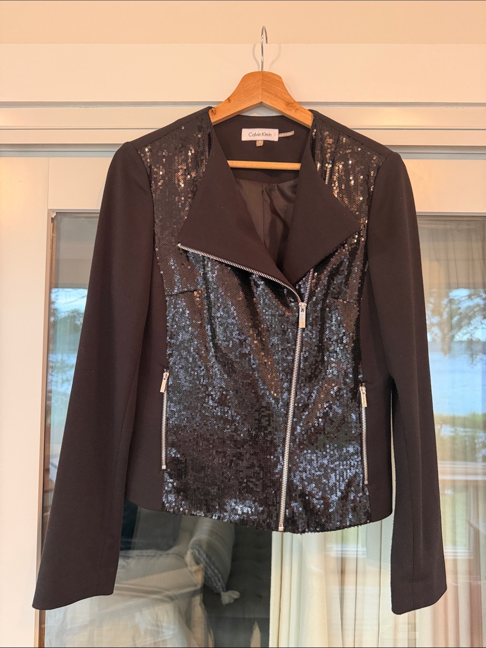 Calvin Klein Black Sequin Asymmetrical Zip Blazer